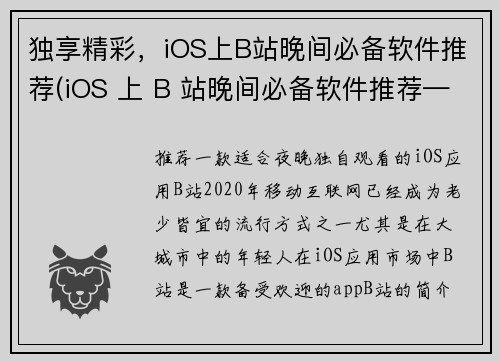 独享精彩，iOS上B站晚间必备软件推荐(iOS 上 B 站晚间必备软件推荐——让你的游戏体验更加精彩)